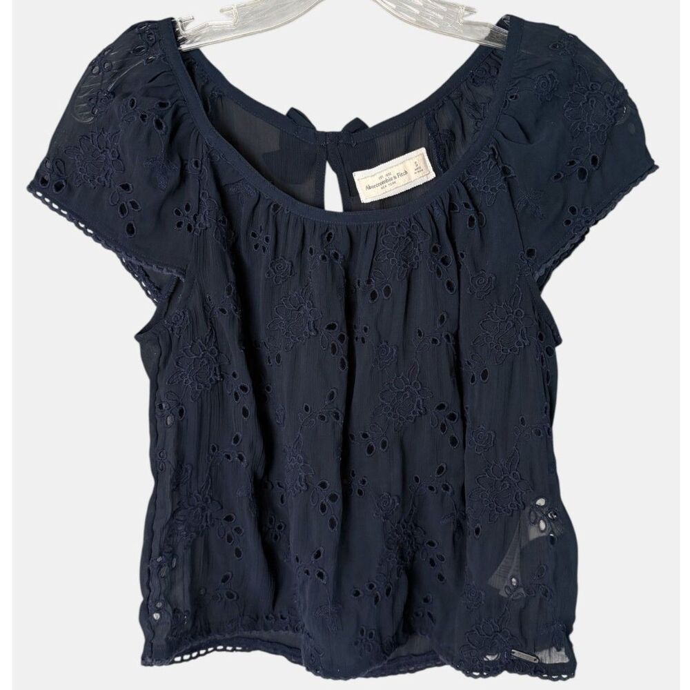 Abercrombie & Fitch Navy Sheer Floral Embroidered Bow Back Blouse S